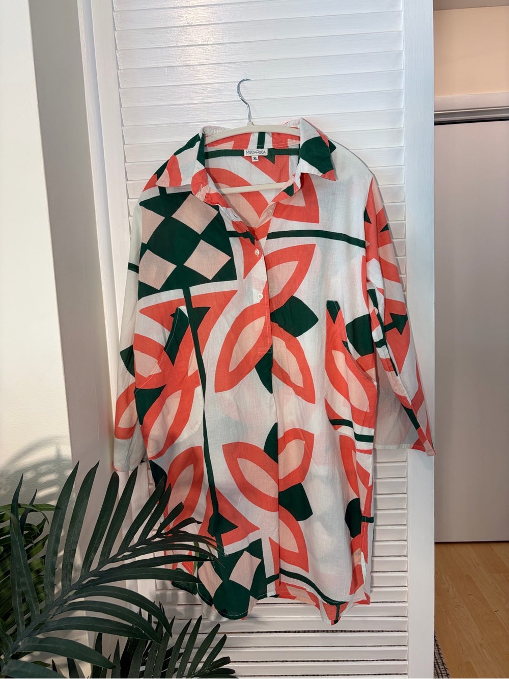 100% Cotton Moda Posa Coral & Forest Green Geometric Shirt Mini Dress